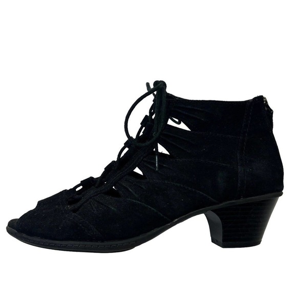 Earth Aurora Black Suede Lace Up Booties Size 8.5 D WIDE Peep Toe - Picture 1 of 14